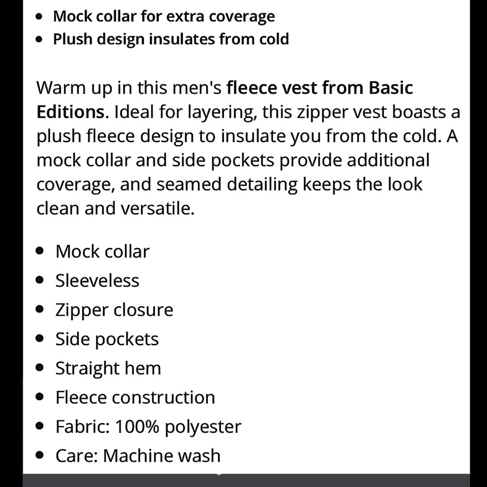 Black Fleece Pocket Zipper Basic Editions Vest - Picture 3 of 5